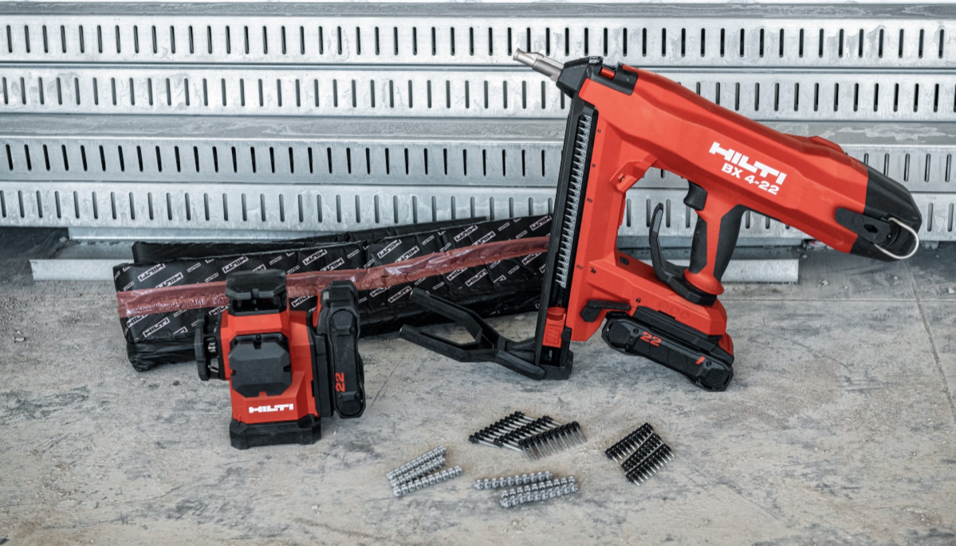 Hilti's BX 4-22 Battery-powered nailer and PM 50MG-22 Multi-line laser level ready to be put to work