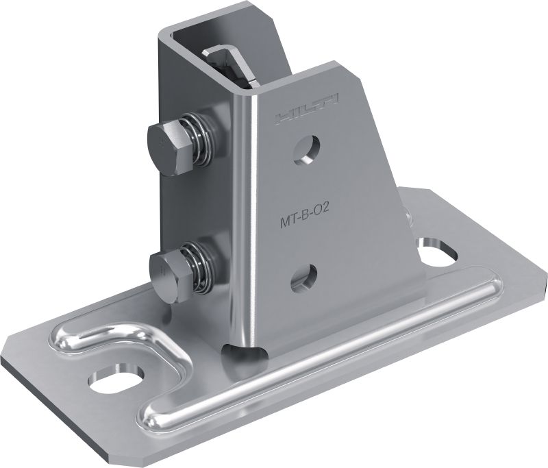 MT-B-O2 FL Pre-assembled baseplate Base connector with pre-assembled Fast-Lock nut and bolt for anchoring strut channel structures to concrete or steel