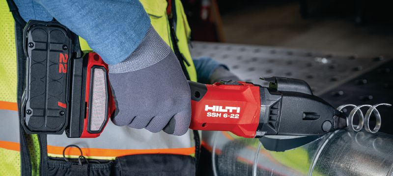 SSH 6-22 CD Cordless metal shears Cordless double cut shears for fast cuts in spiral and ventilation ducts up to 4 x 0.9 mm│20 Gauge - with Hilti SSH CD blades included (Nuron battery platform) Applications 1